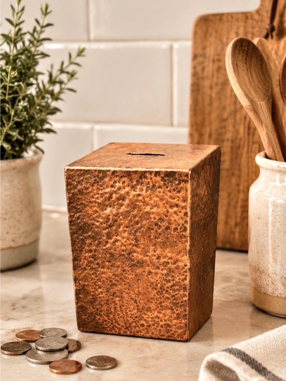 Hammered Copper Decorative Coin Money Piggy Bank 6 x 4” Rectangular